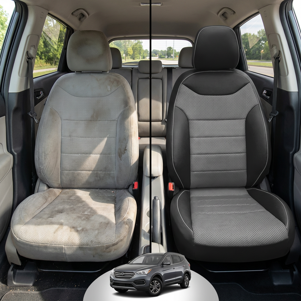 Before-and-after comparison of front seats, showing cloth seat upgraded to perforated leather upholstery.