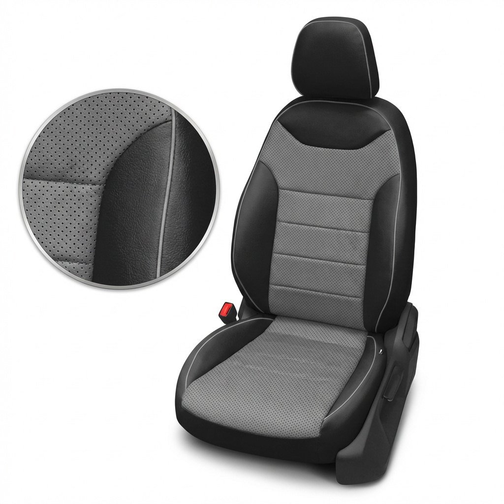 Gray and black car seat cover with detailed texture on a white background