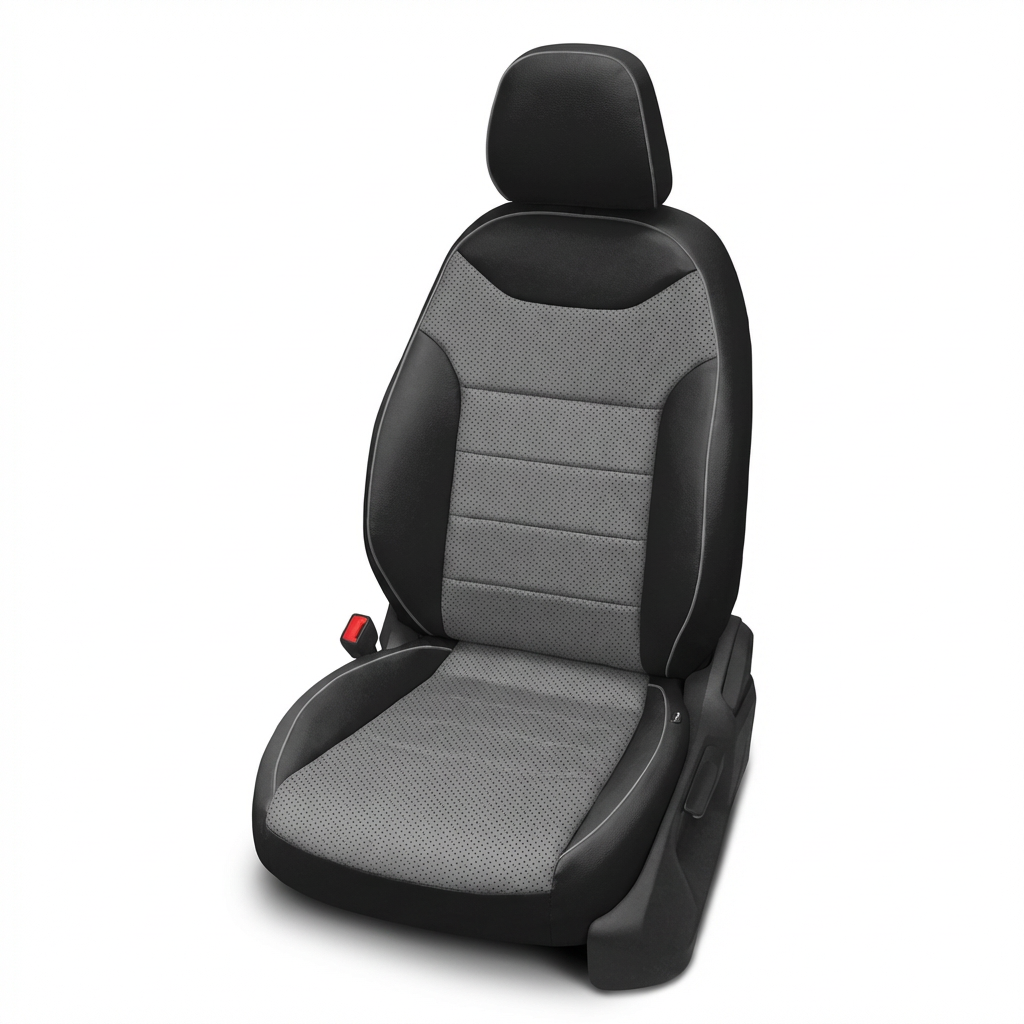 Gray car seat cover with black accents on a white background