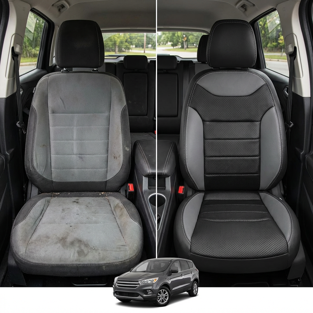 Before-and-after comparison of front seats, showing cloth seat upgraded to perforated leather upholstery.