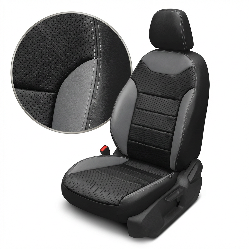 Black and gray car seat cover with detailed texture on a white background
