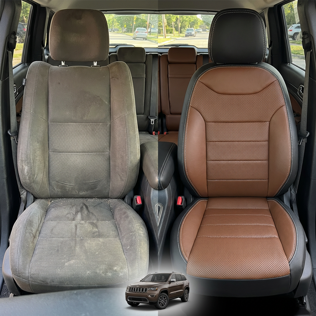 Before-and-after comparison of front seats, showing cloth seat upgraded to perforated leather upholstery.