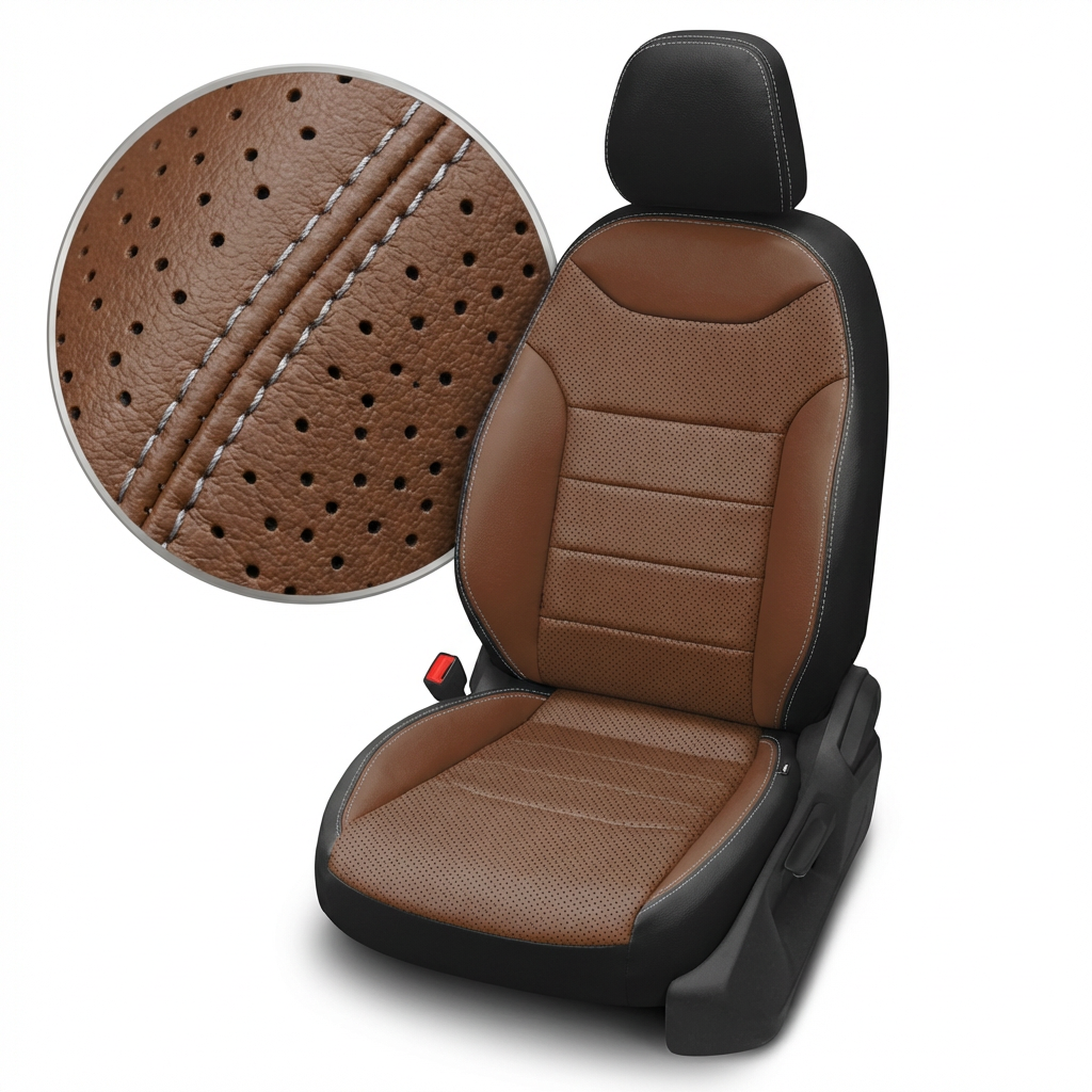 Brown car seat cover with black trim on a white background
