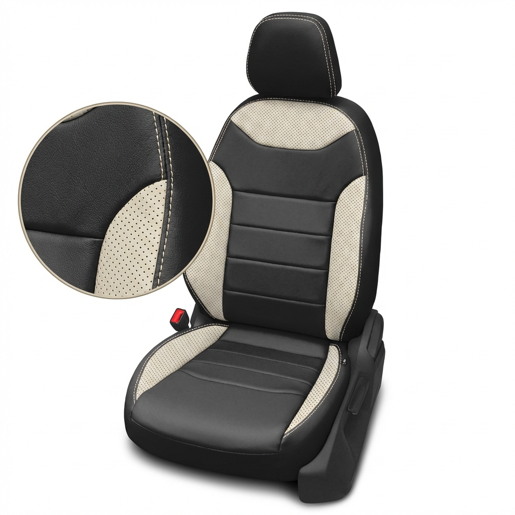 Black and beige car seat cover with detailed stitching on a white background