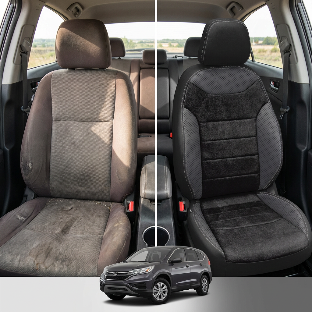 Before-and-after comparison of front seats, showing cloth seat upgraded to perforated leather upholstery.