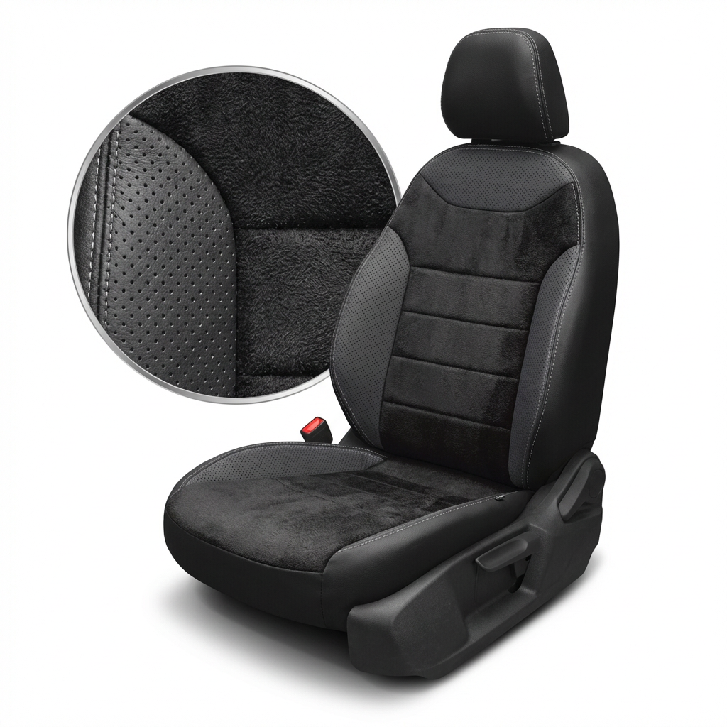 Black car seat cover with detailed texture on a white background