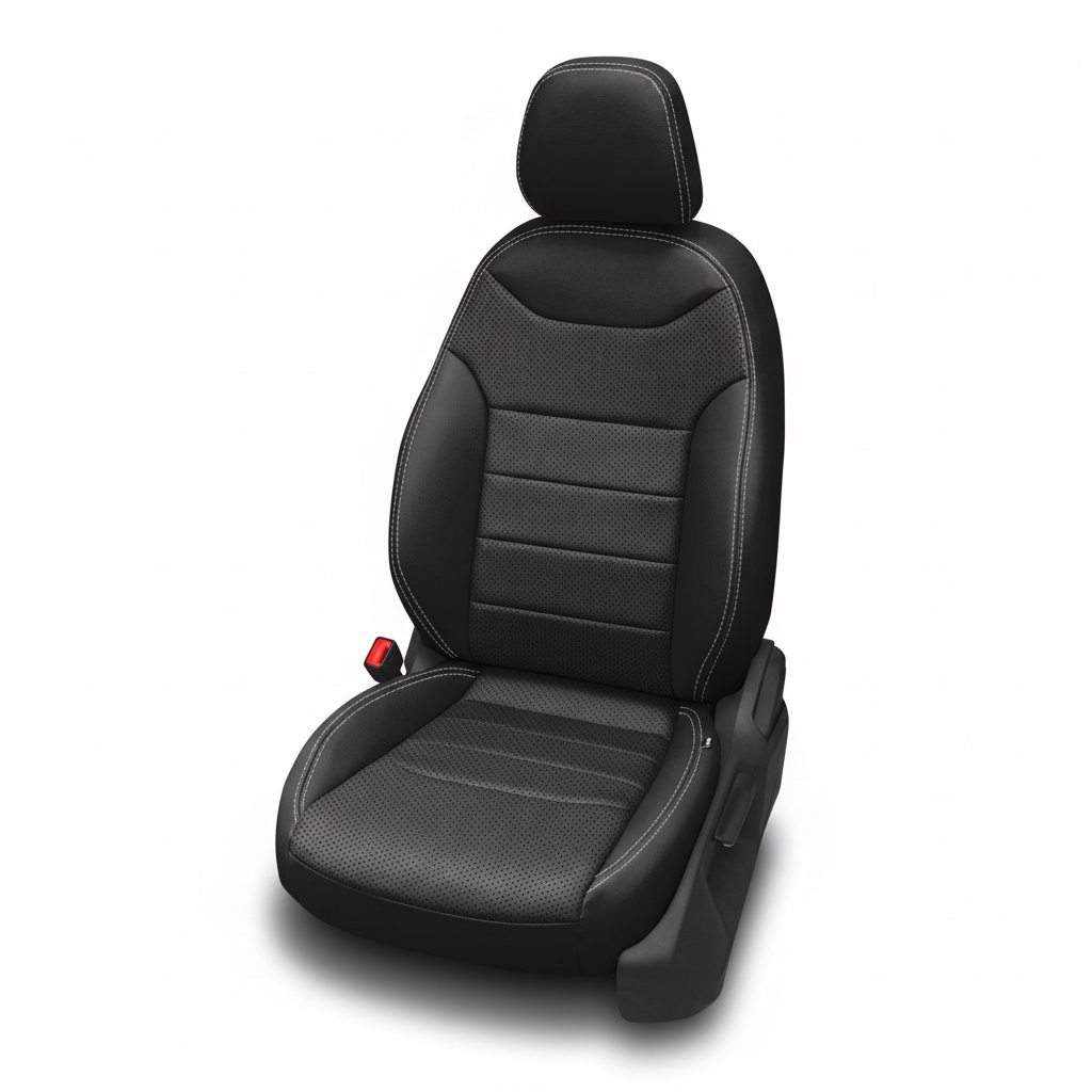 Black perforated leather car seat with silver contrast stitching on a white background.
