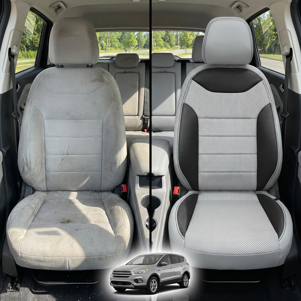 Before-and-after comparison of front seats, showing cloth seat upgraded to perforated leather upholstery.