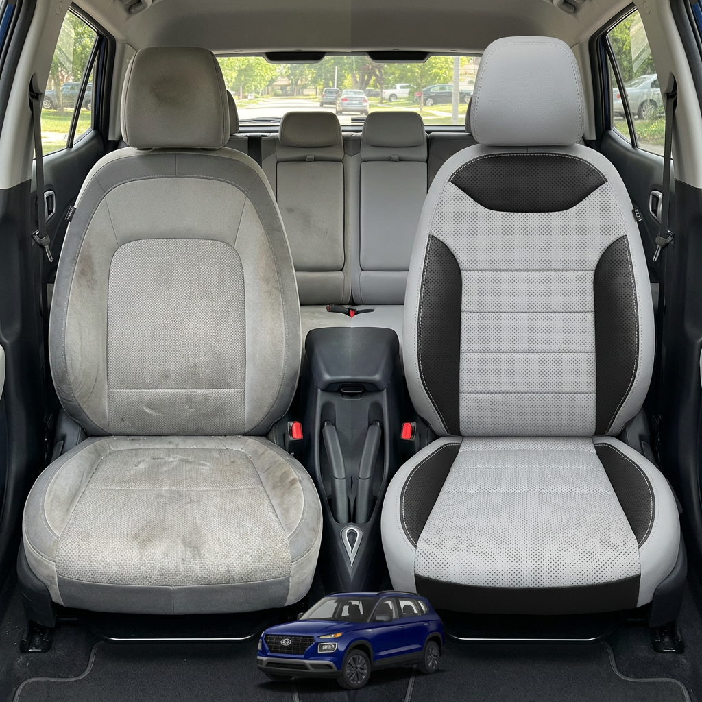 Before-and-after comparison of front seats, showing cloth seat upgraded to perforated leather upholstery.