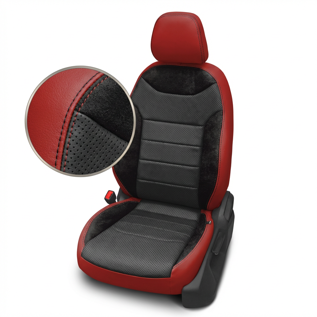 Red and black car seat cover with detailed texture on a white background
