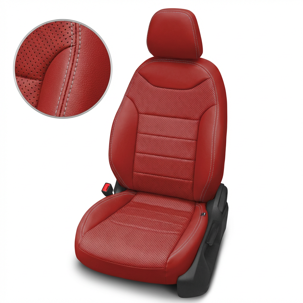 Red car seat with detailed stitching on a white background