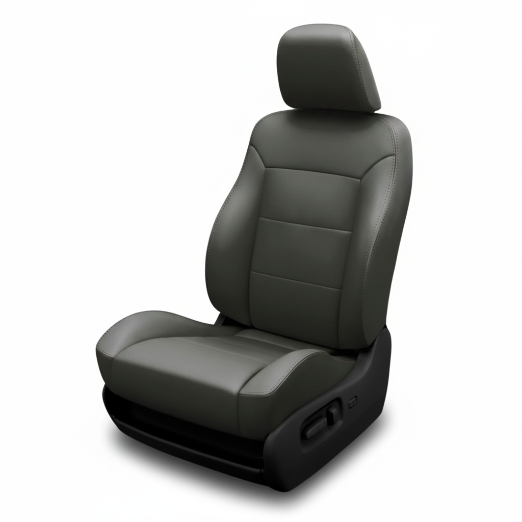 Dark gray leather car seat with smooth panels on a white background.
