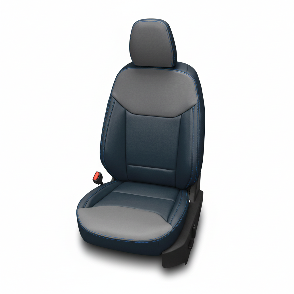 Two-tone blue and gray leather car seat with contrast stitching on a white background.
