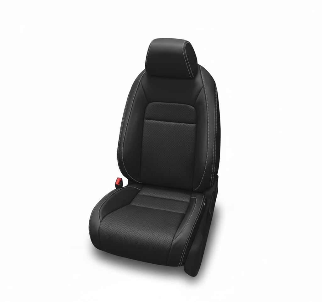 Black leather car seat with perforated center panels and contrast stitching on a white background.
