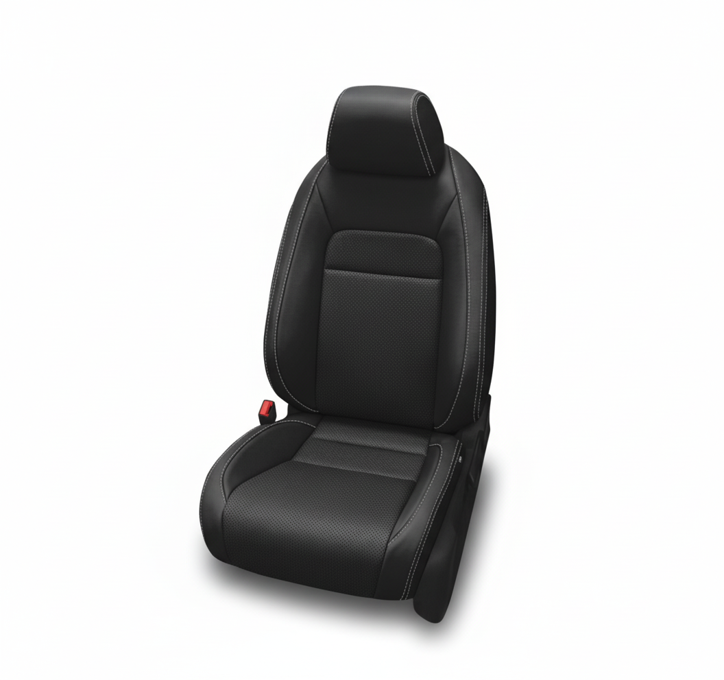 Black leather car seat with perforated center panels and contrast stitching on a white background.
