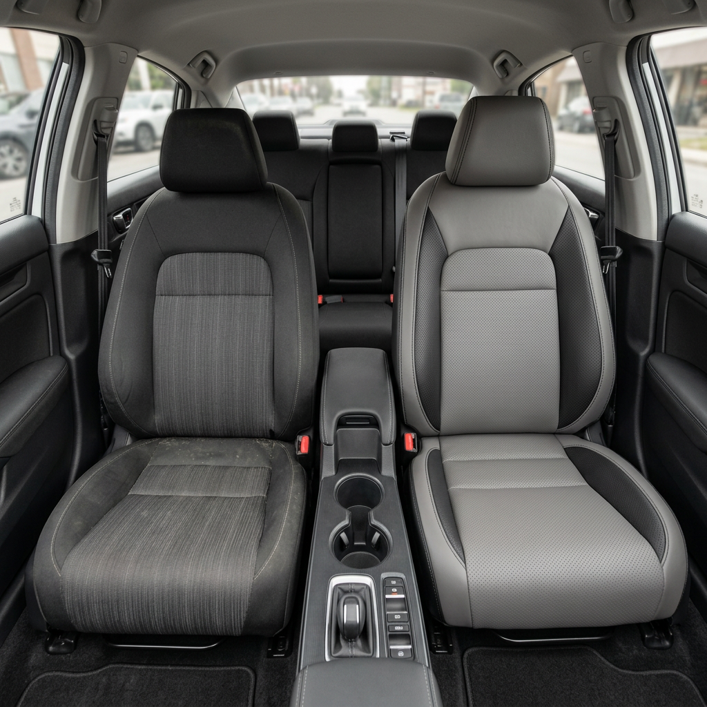 Before-and-after front in-cabin view of a 2022–2026 Honda Civic showing the original black cloth driver seat on the left and upgraded Leatherteck leather upholstery on the right with Ash front-facing panels, black side panels, perforated black combo and accent inserts, and black stitching, with the center console, cupholders, shifter, rear seat, headrests, door panels, floor mats, and black interior trim visible.