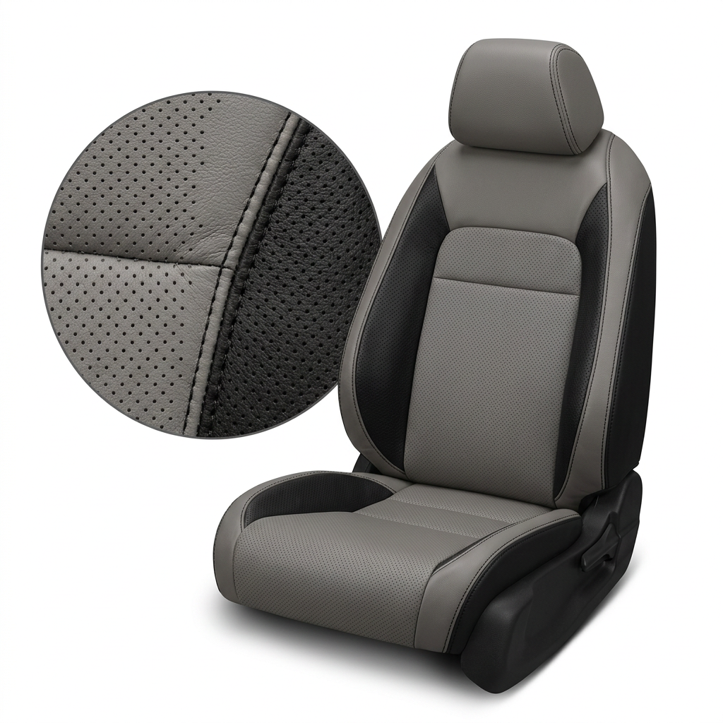 Close-up product image of a 2022–2026 Honda Civic Leatherteck leather seat cover featuring Ash front-facing panels, black side and accent panels, perforated combo inserts, and black stitching, with a circular zoom inset highlighting the perforated material, leather-grain texture, panel transition, and stitched seam detail.