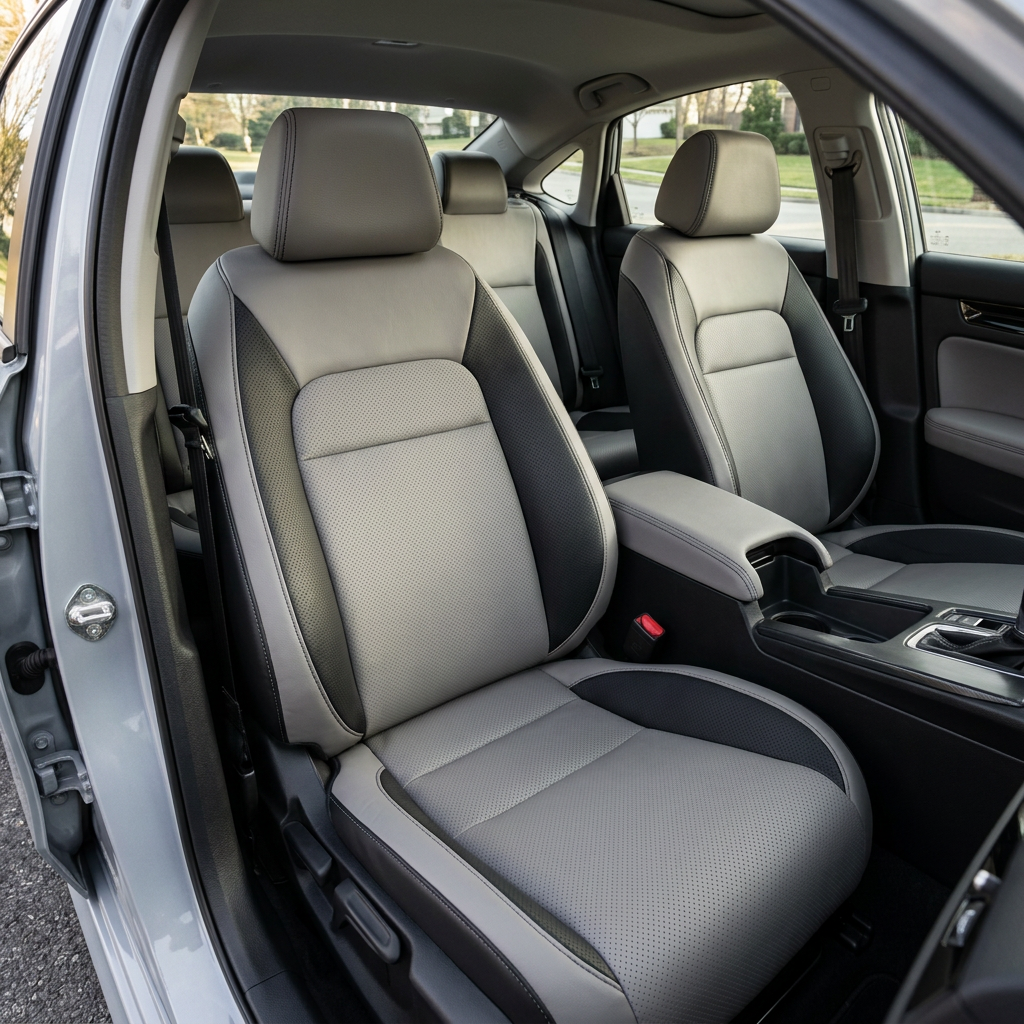 Front in-cabin view of a 2022–2026 Honda Civic with Leatherteck leather upholstery installed, featuring Ash front-facing panels, black side panels, perforated black combo and accent inserts, and black stitching, shown from the open driver-side door with both front bucket seats, headrests, center console, cupholders, rear seat, door panel, and black interior trim visible.
