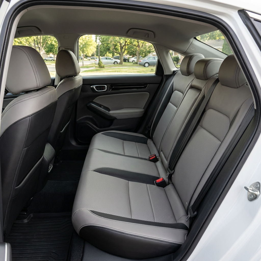 Rear in-cabin view of a 2022–2026 Honda Civic with Leatherteck leather upholstery installed, featuring Ash front-facing panels, black side and accent panels, perforated combo inserts, and black stitching, shown with the rear bench seat, headrests, seatbelts, front seatbacks, rear door panel, floor mat, side windows, and black interior trim visible.