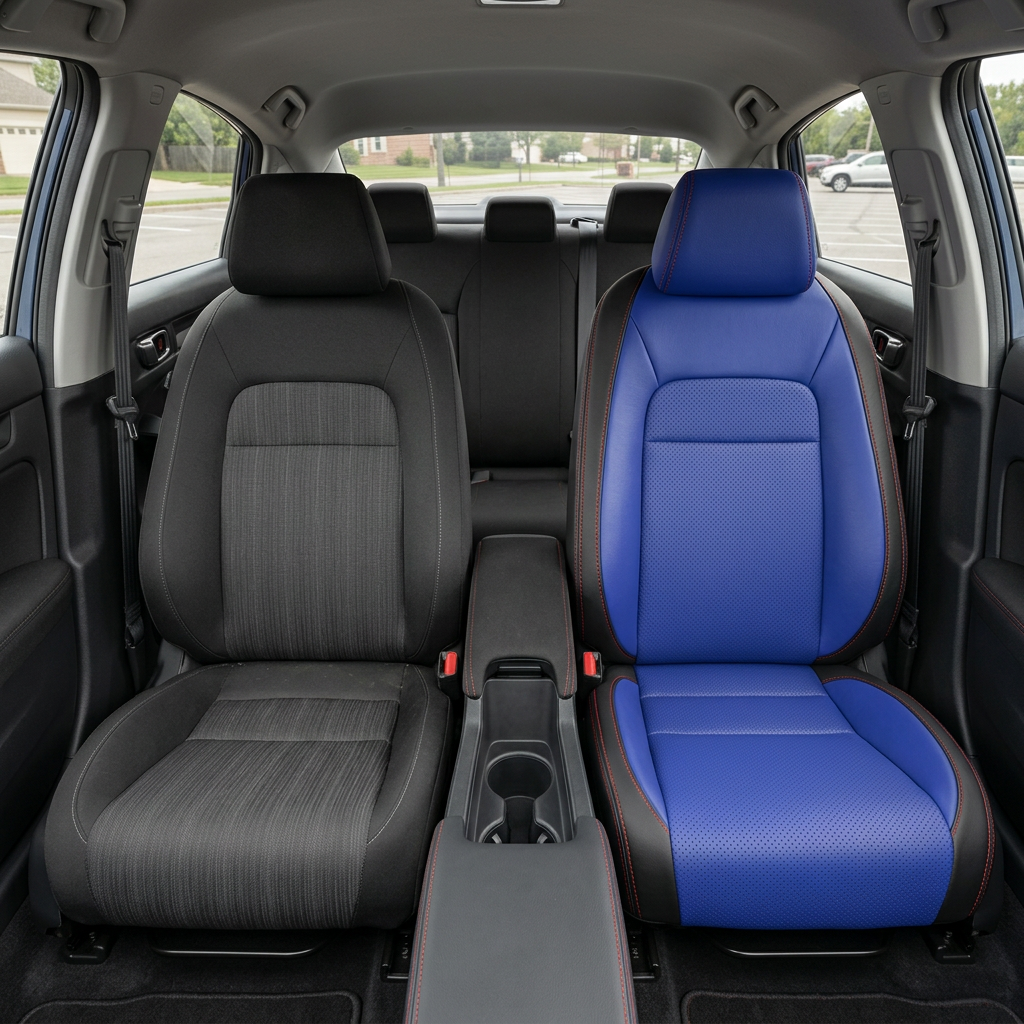 Before-and-after front in-cabin view of a 2022–2026 Honda Civic showing the original black and gray cloth driver seat on the left and upgraded Leatherteck leather upholstery on the right with black outer panels, Cobalt Blue inserts, Cobalt Blue accent panels, and red contrast stitching, with the center console, cupholders, rear bench seat, headrests, side windows, and black interior trim visible.