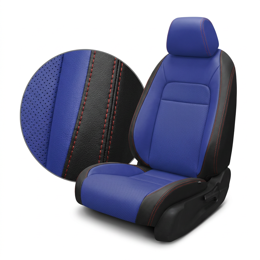  Close-up product image of a 2022–2026 Honda Civic Leatherteck leather seat cover featuring black outer panels, Cobalt Blue inserts, perforated Cobalt Blue center sections, Cobalt Blue accent panels, and red contrast stitching, with a circular zoom inset highlighting the perforated blue material, black leather-grain texture, panel transition, and stitched seam detail.