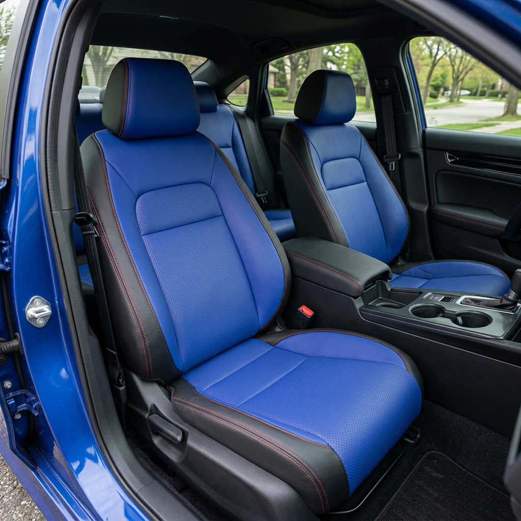  Front in-cabin view of a 2022–2026 Honda Civic with Leatherteck leather seat upholstery installed, featuring black outer panels, Cobalt Blue inserts, Cobalt Blue accent panels, and red contrast stitching, shown from the open driver-side door with both front bucket seats, headrests, center console, cupholders, shifter, rear seat, door panel, seatbelts, and black interior trim visible.