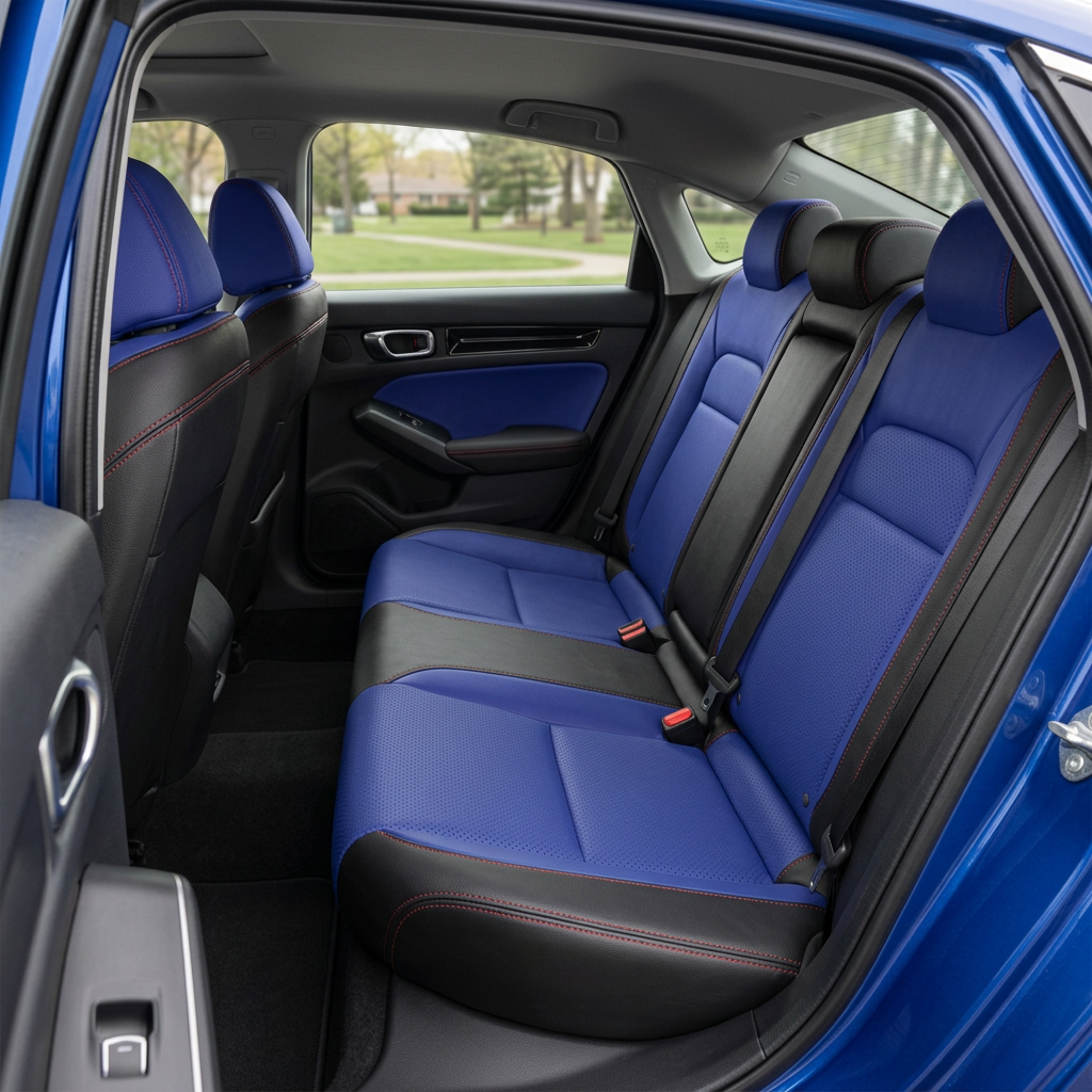 Rear in-cabin view of a 2022–2026 Honda Civic with Leatherteck leather rear seat upholstery installed, featuring black outer panels, Cobalt Blue inserts, Cobalt Blue accent panels, and red contrast stitching, shown with the rear bench seat, headrests, seatbelts, front seatbacks, rear door panel, side windows, floor mat, and black interior trim visible.
