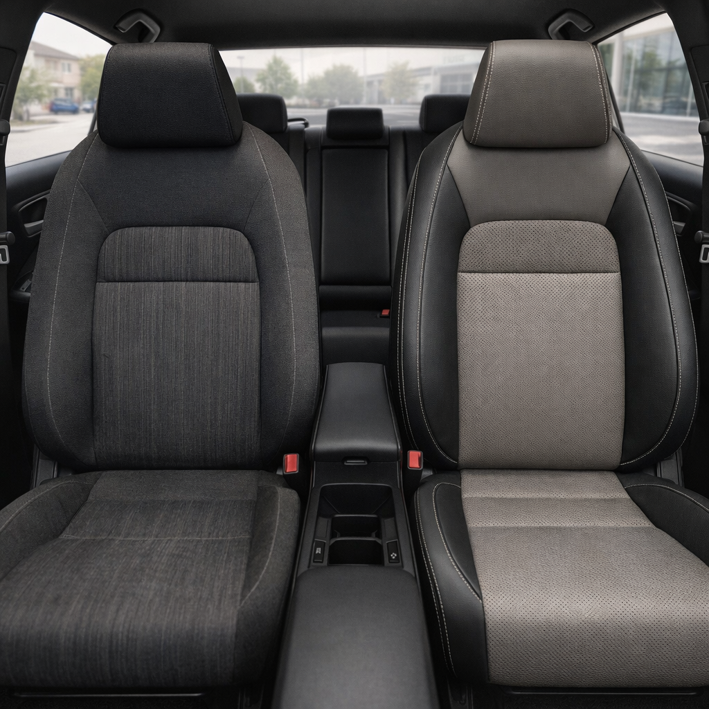 Before-and-after front in-cabin view of a 2022–2026 Honda Civic: left shows the original dark gray cloth front seat, while right shows the upgraded Leatherteck leather seat upholstery in black with Light Grey center inserts, perforated combo inserts, and Stone contrast stitching, with the center console, rear seat, headrests, seatbelts, side windows, and black interior trim visible.