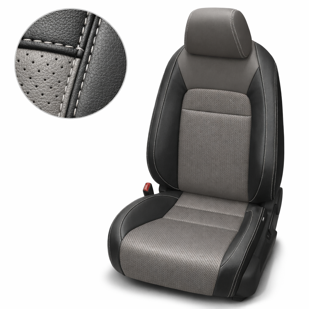 Close-up product image of a 2022–2026 Honda Civic Leatherteck leather seat upholstery kit in black with Light Grey center inserts, perforated combo inserts, and Stone contrast stitching, shown on a front bucket seat against a white background with a circular zoom inset highlighting the perforation pattern, leather-grain texture, seam transition, and stitching detail.