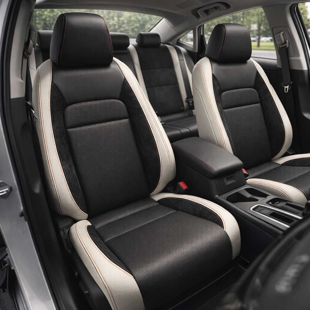 Front in-cabin view of a 2022–2026 Honda Civic with Leatherteck leather seat upholstery installed, featuring Pearl White outer panels, black inserts, black perforated seating sections, black suede accent panels, and red contrast stitching, shown from the open driver-side door with both front bucket seats, headrests, center console, cupholders, rear bench seat, side windows, and black interior trim visible.