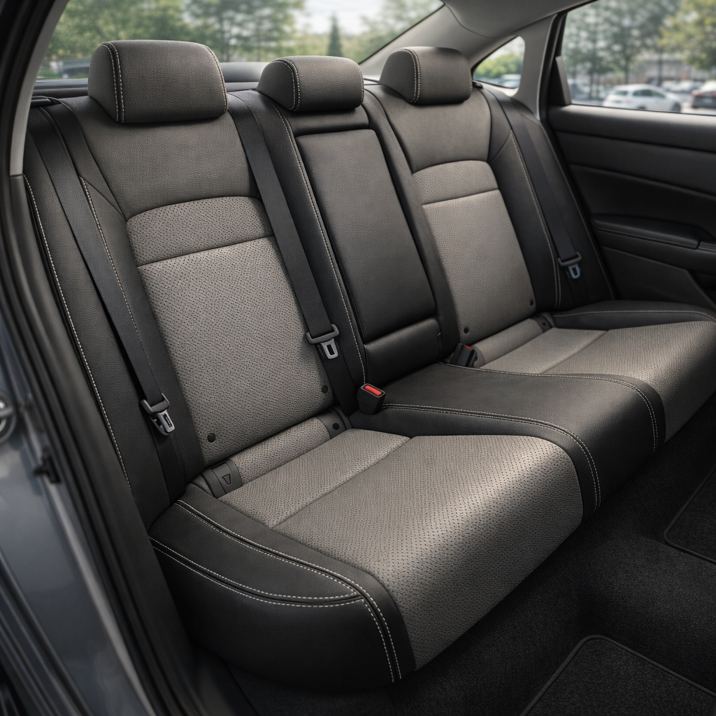 Rear in-cabin view of a 2022–2026 Honda Civic with Leatherteck rear seat upholstery installed in black, featuring Light Grey center inserts, perforated black combo inserts, and Stone contrast stitching, with three rear headrests, seatbelts, buckles, rear door panel, side window, and black interior trim visible.