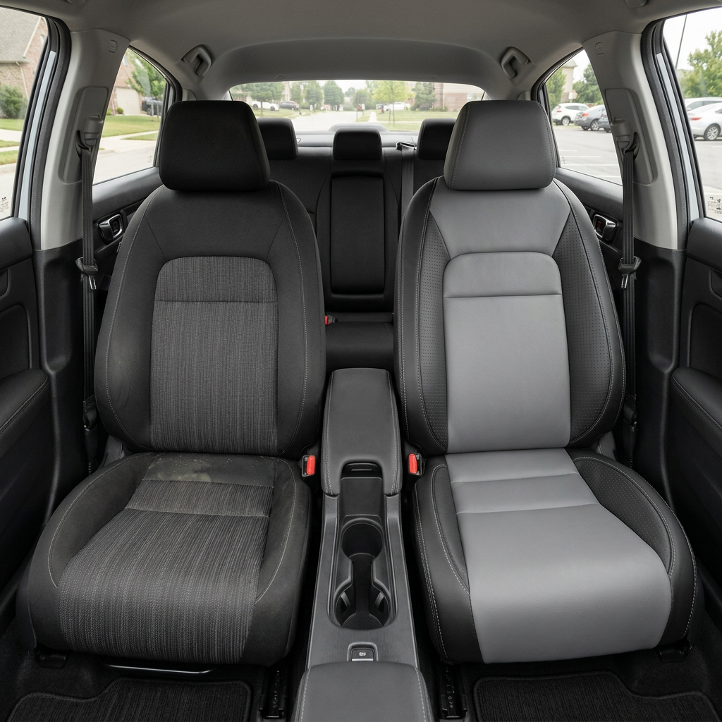 Before-and-after front in-cabin view of a 2022–2026 Honda Civic: left shows the original dark cloth front seat, while right shows the upgraded Leatherteck leather seat upholstery in black with Lunar Grey inserts, square perforated Flint panels, and Stone contrast stitching, with the center console, cupholders, rear seat, side windows, and black interior trim visible.