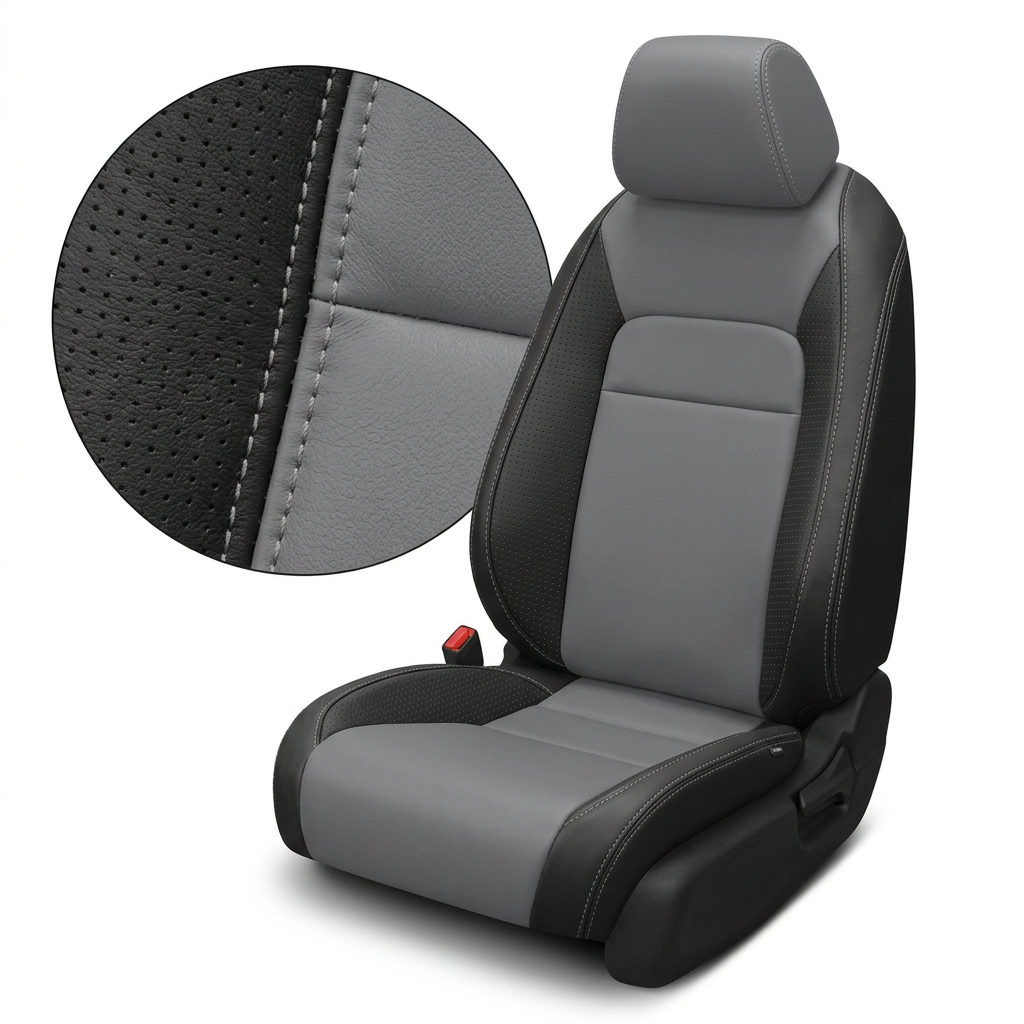 Close-up product image of a 2022–2026 Honda Civic Leatherteck leather seat upholstery kit in black with Lunar Grey front-facing panels, perforated black combo side panels, and Stone contrast stitching, shown on a front bucket seat against a white background with a circular zoom inset highlighting the perforation pattern, leather-grain texture, panel transition, and double-stitched seam detail.