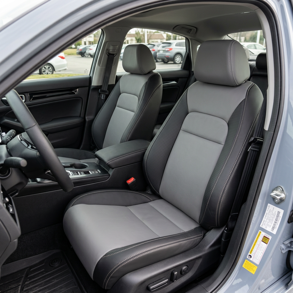  Front in-cabin view of a 2022–2026 Honda Civic with Leatherteck leather seat upholstery installed in black, featuring Lunar Grey front-facing inserts, perforated black combo side panels, and Stone contrast stitching, shown from the open driver-side door with the front bucket seats, headrests, center console, cupholders, steering wheel, door panel, and black interior trim visible.