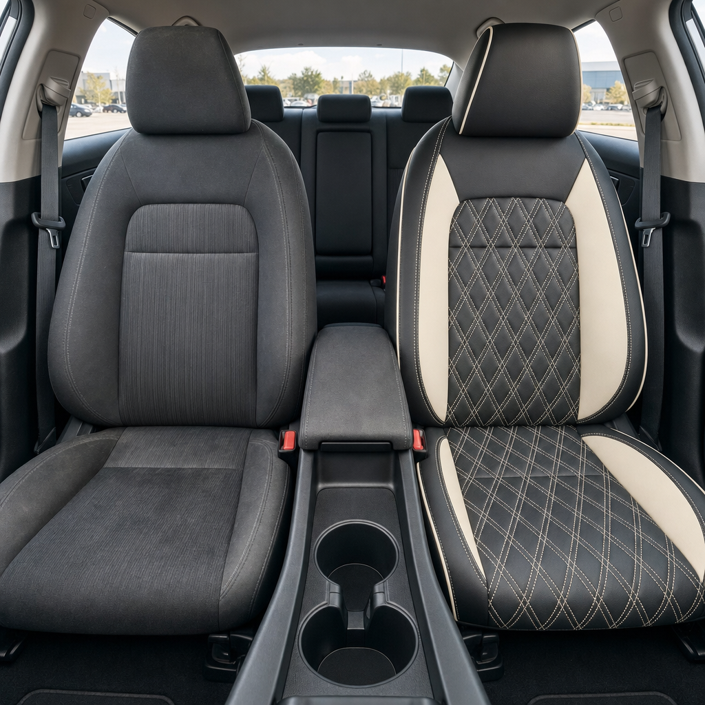 Before-and-after front in-cabin view of a 2022–2026 Honda Civic: left shows the original gray cloth front seat, while right shows the upgraded Leatherteck leather seat upholstery in black with Pearl White side panels, double diamond quilted inserts, Pearl White contrast stitching, and Pearl White piping, with the center console, cupholders, rear seat, seatbelts, side windows, and black interior trim visible.