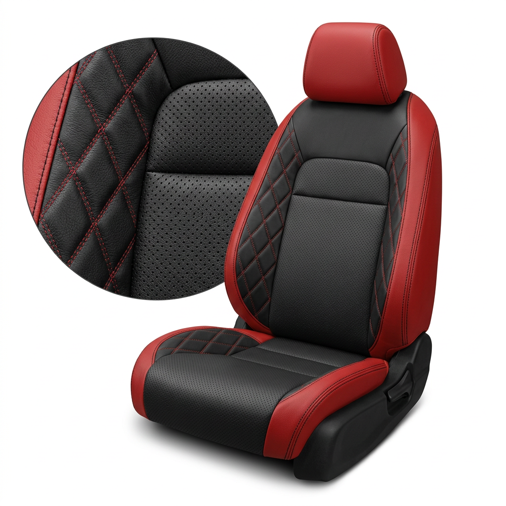 Close-up product image of a 2022–2026 Honda Civic Leatherteck leather seat upholstery kit featuring red outer bolsters, black perforated body inserts, black diamond-quilted accent panels, and red contrast stitching, shown on a front bucket seat against a white background with a circular zoom inset highlighting the perforation pattern, leather-grain texture, diamond quilting, and stitched seam detail.