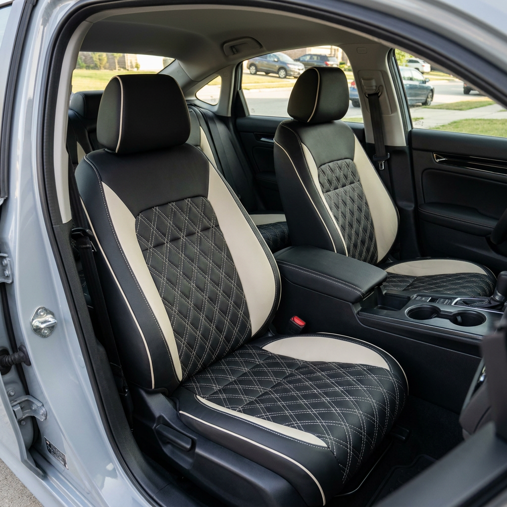 Front in-cabin view of a 2022–2026 Honda Civic with Leatherteck leather seat upholstery installed in black, featuring Pearl White panels, double diamond quilted inserts, Pearl White contrast stitching, and Pearl White piping, shown from the open driver-side door with the front bucket seats, headrests, center console, cupholders, shifter, rear seat, door panel, and black interior trim visible.