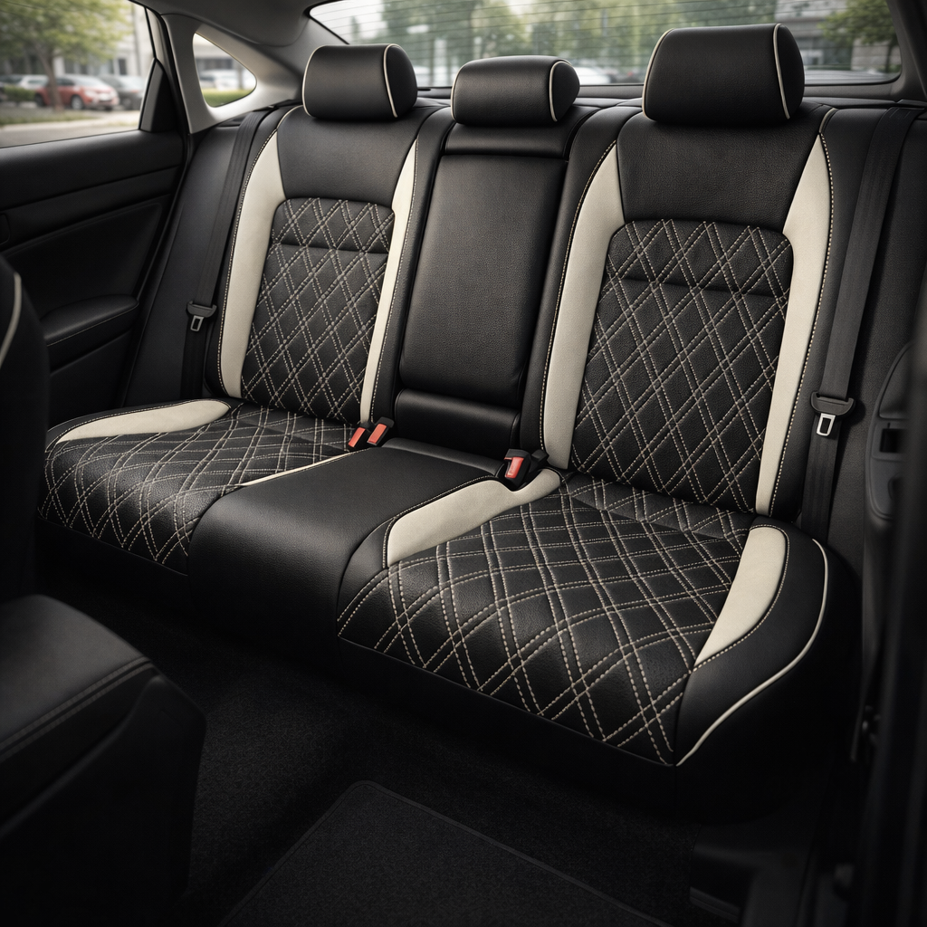  Rear in-cabin view of a 2022–2026 Honda Civic with Leatherteck leather rear seat upholstery installed in black, featuring Pearl White panels, double diamond quilted inserts, Pearl White contrast stitching, and Pearl White piping, with three rear headrests, seatbelts, buckles, rear door panel, side windows, rear window, and black interior trim visible.
