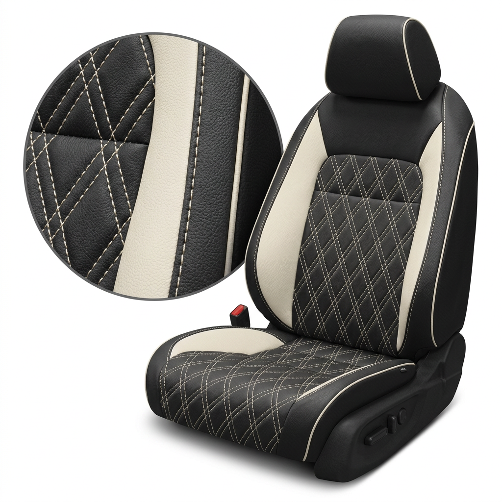 Close-up product image of a 2022–2026 Honda Civic Leatherteck leather seat upholstery kit in black with Pearl White accent panels, double diamond quilted inserts, Pearl White contrast stitching, and Pearl White piping, shown on a front bucket seat against a white background with a circular zoom inset highlighting the quilted stitching, leather-grain texture, panel transition, and stitched seam detail.
