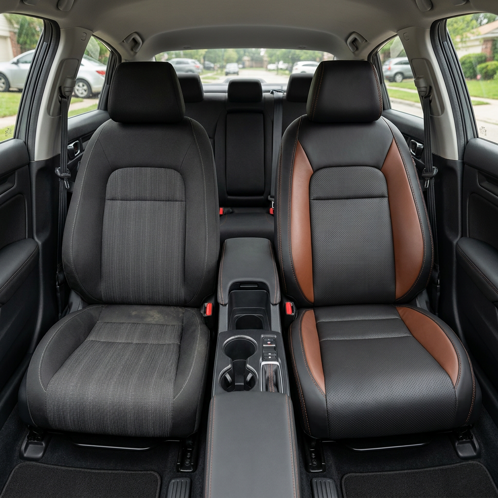 Before-and-after front in-cabin view of a 2022–2026 Honda Civic: left shows the original dark gray cloth front seat, while right shows the upgraded Leatherteck leather seat upholstery in black with perforated combo inserts, Mahogany Brown side panels, and Mahogany Brown contrast stitching, with the center console, cupholders, rear seat, door panels, side windows, and black interior trim visible.