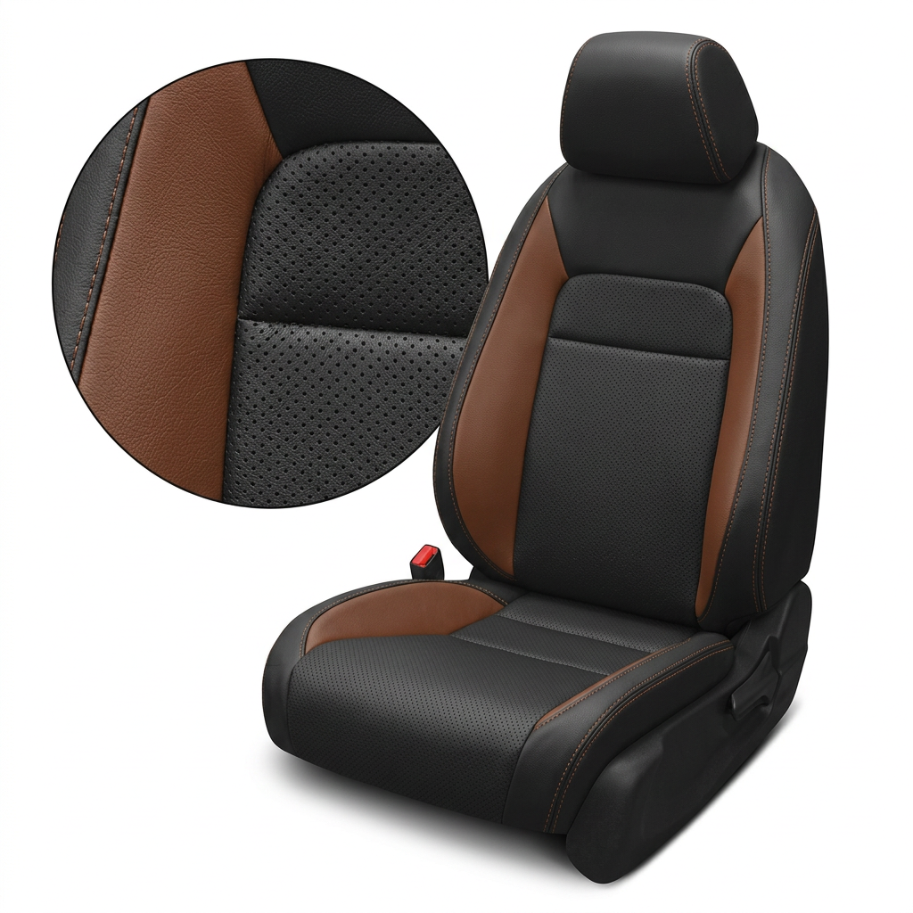  Close-up product image of a 2022–2026 Honda Civic Leatherteck leather seat upholstery kit in black with perforated combo inserts, Mahogany Brown accent panels, and Mahogany Brown contrast stitching, shown on a front bucket seat against a white background with a circular zoom inset highlighting the perforation pattern, leather-grain texture, panel transition, and stitched seam detail.