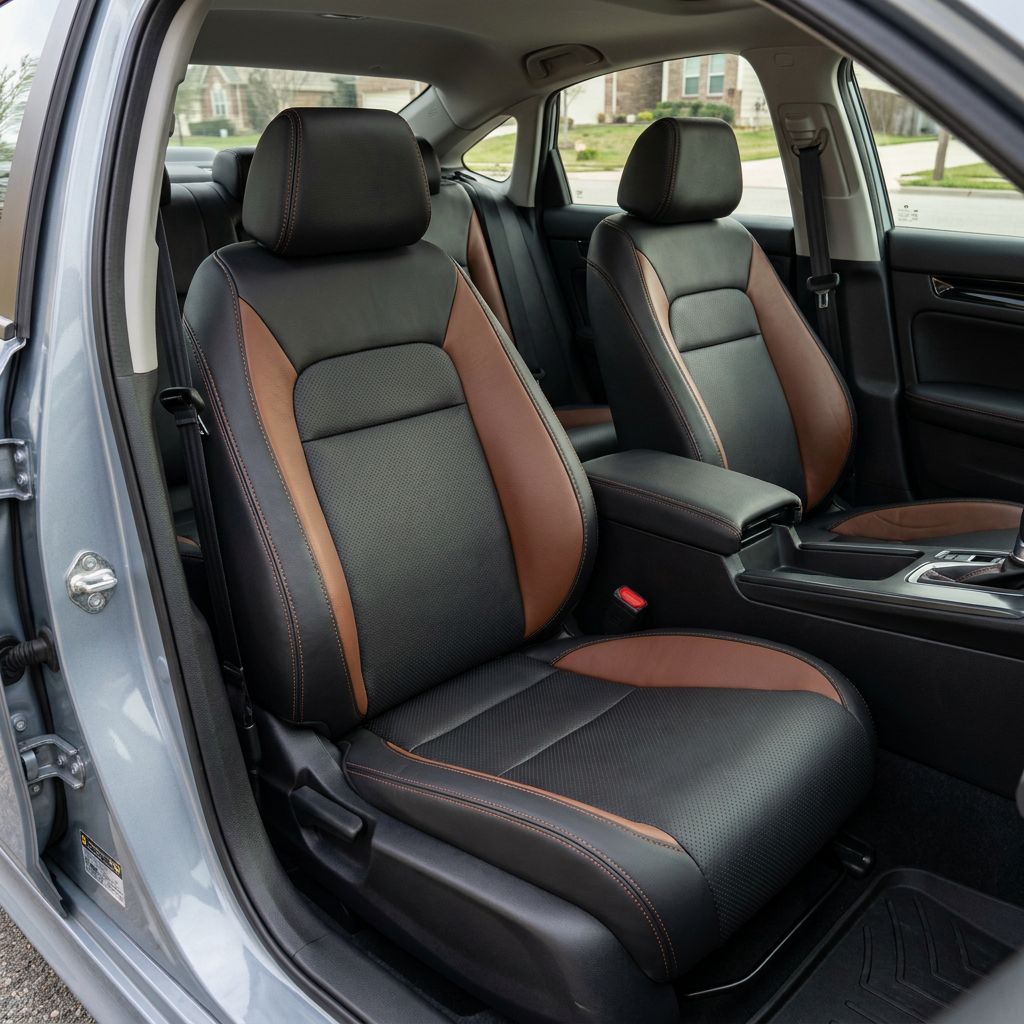  Front in-cabin view of a 2022–2026 Honda Civic with Leatherteck leather seat upholstery installed in black, featuring perforated combo inserts, Mahogany Brown side panels, and Mahogany Brown contrast stitching, shown from the open driver-side door with both front bucket seats, headrests, center console, door panel, rear seat, seatbelt, and black interior trim visible.