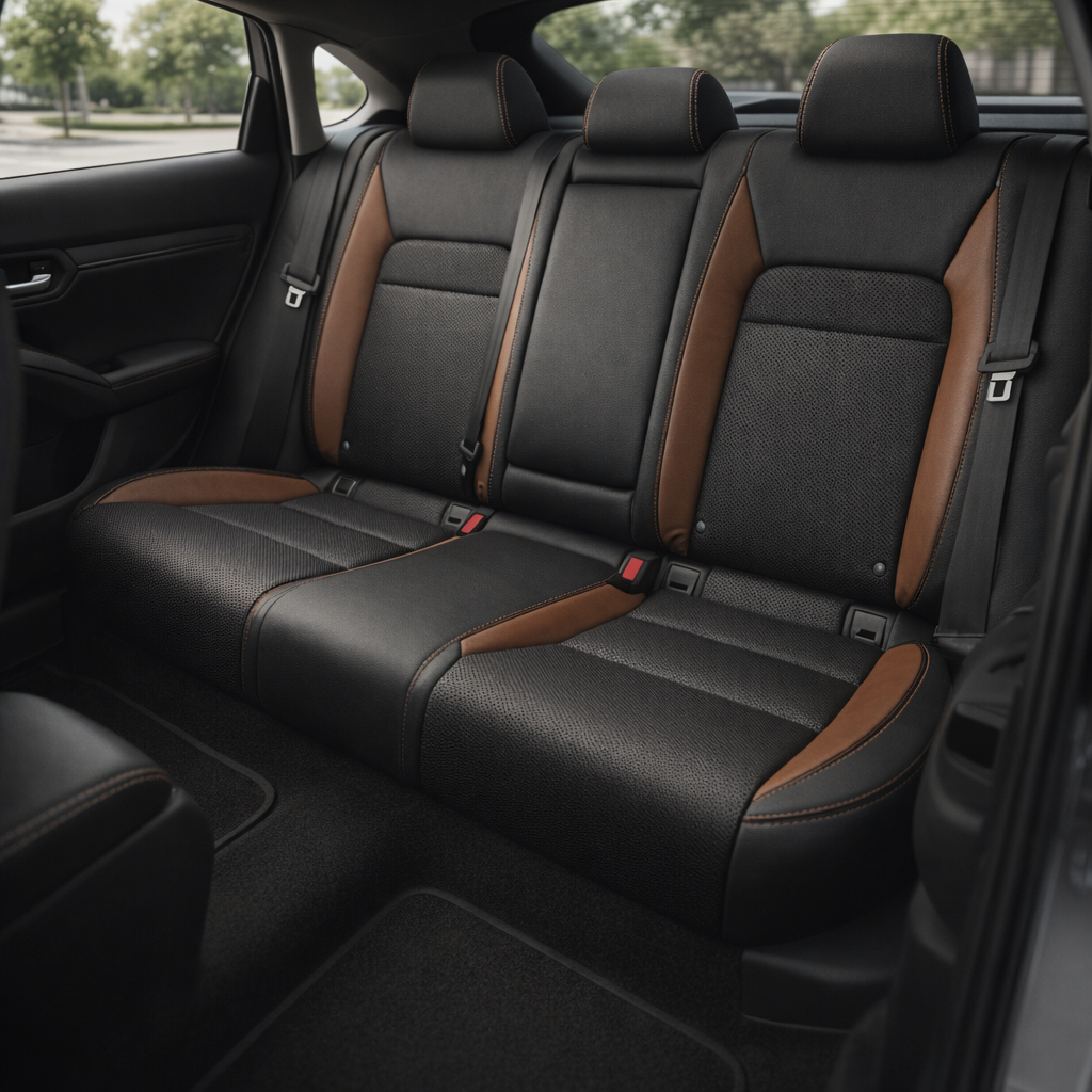 Rear in-cabin view of a 2022–2026 Honda Civic with Leatherteck rear seat upholstery installed in black, featuring perforated combo inserts, Mahogany Brown side panels, and Mahogany Brown contrast stitching, with the rear bench seat, three headrests, seatbelts, buckles, rear door panel, side window, rear window, and black interior trim visible.