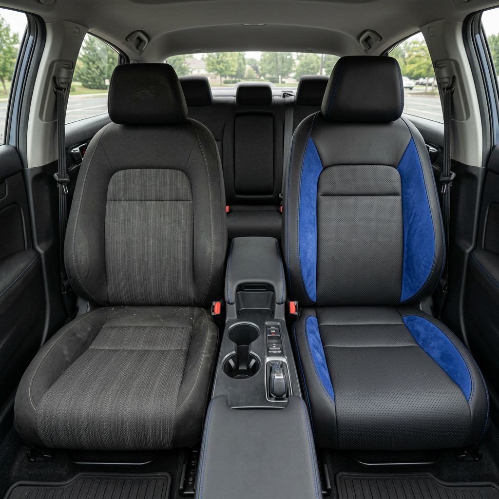 Before-and-after front in-cabin view of a 2022–2026 Honda Civic showing the original gray cloth driver seat on the left and upgraded Leatherteck leather upholstery on the right with black perforated combo inserts, Sapphire Blue suede accent panels, and Cobalt contrast stitching, with the center console, cupholders, shifter, rear seat, headrests, side windows, floor mats, and black interior trim visible.
