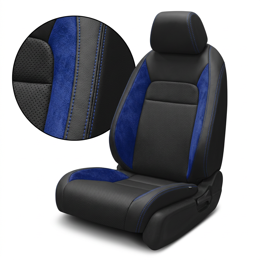 Close-up product image of a 2022–2026 Honda Civic Leatherteck leather seat cover featuring black perforated combo inserts, Sapphire Blue suede accent panels, and Cobalt contrast stitching, with a circular zoom inset highlighting the perforated black material, blue suede texture, leather-grain surface, panel transition, and stitched seam detail.