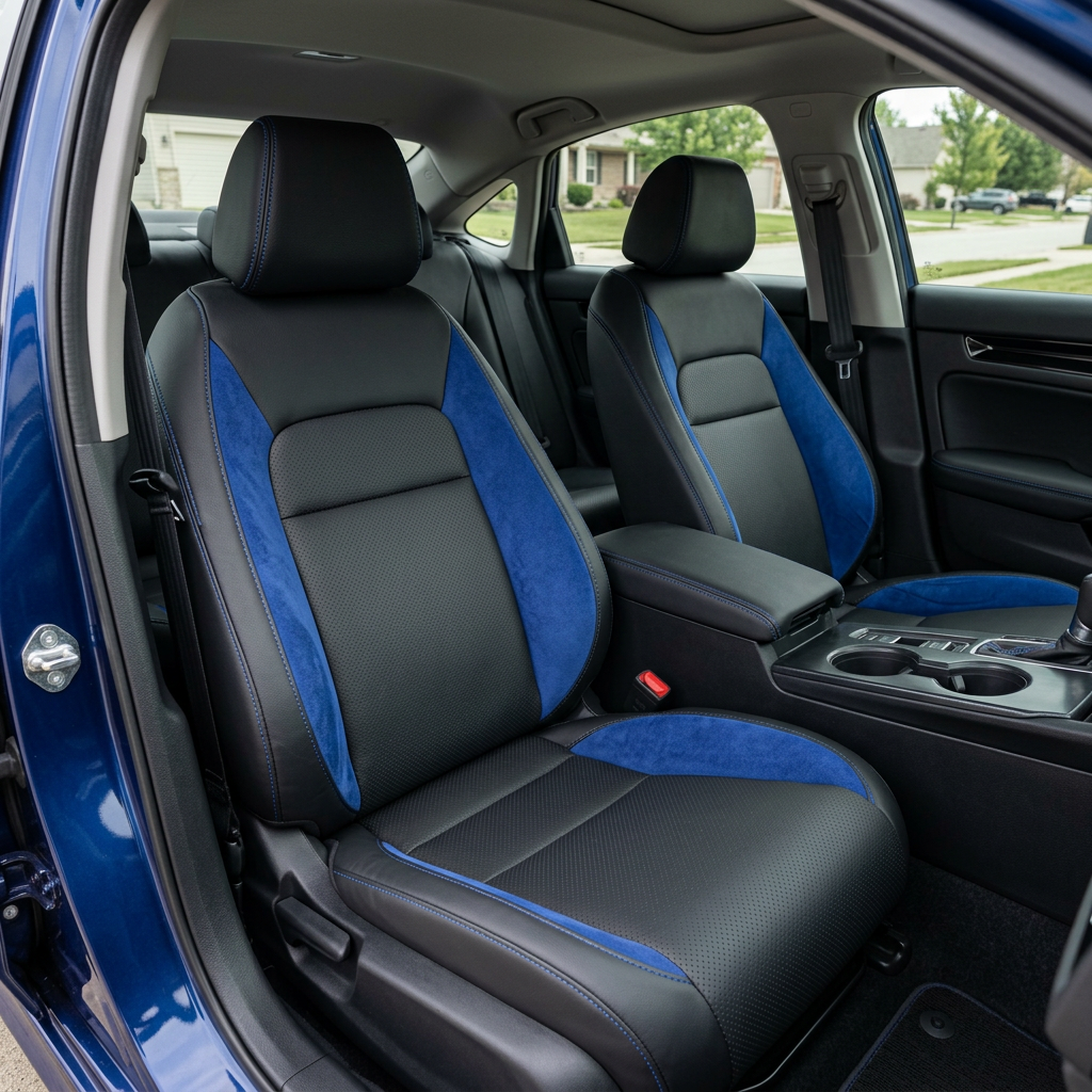 Front in-cabin view of a 2022–2026 Honda Civic with Leatherteck leather seat upholstery installed, featuring black perforated combo inserts, Sapphire Blue suede accent panels, and Cobalt contrast stitching, shown from the open driver-side door with both front bucket seats, headrests, center console, cupholders, shifter, rear seat, door panel, side windows, floor mat, and black interior trim visible.