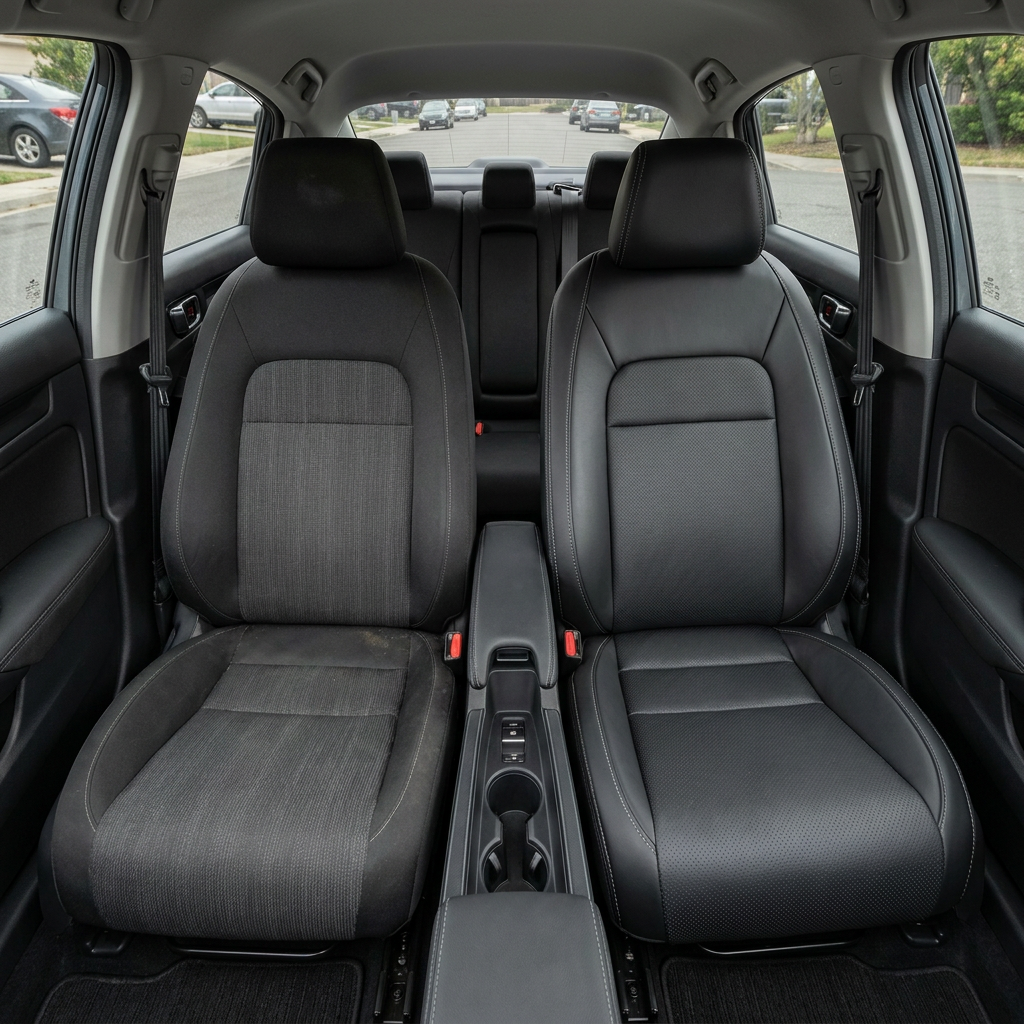 Before-and-after front in-cabin view of a 2022–2026 Honda Civic: left shows the original gray cloth front seat, while right shows the upgraded Leatherteck leather seat upholstery in black with perforated combo inserts and Stone contrast stitching, with the center console, cupholders, rear seat, side windows, and black interior trim visible.