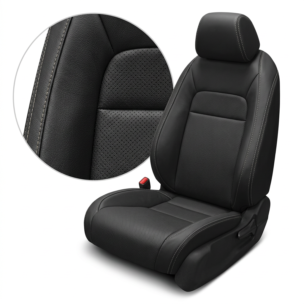  Close-up product image of a 2022–2026 Honda Civic Leatherteck leather seat upholstery kit in black with perforated combo inserts and Stone contrast stitching, shown on a front bucket seat against a white background with a circular zoom inset highlighting the perforation pattern, leather-grain texture, and double-stitched seam detail.