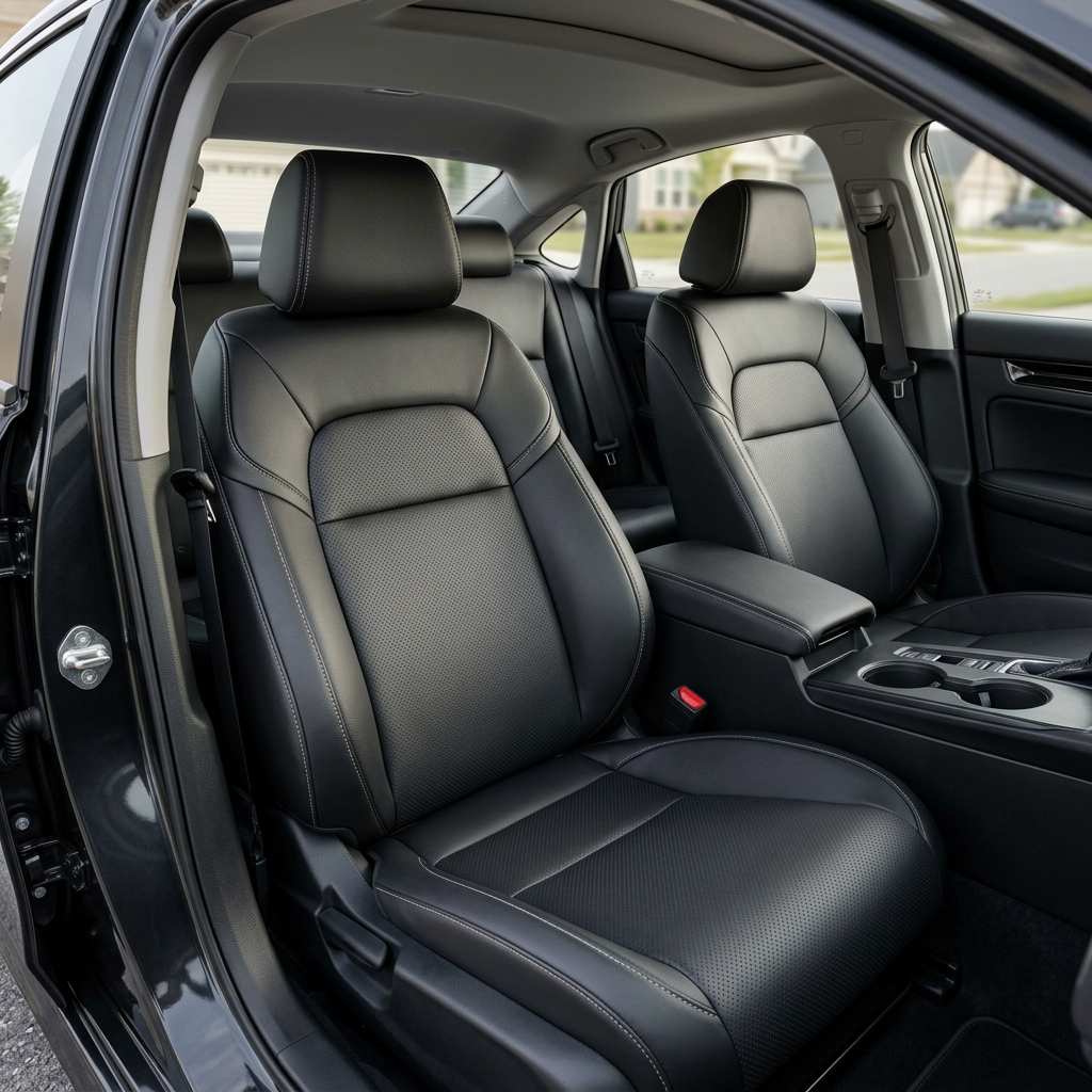  Front in-cabin view of a 2022–2026 Honda Civic with Leatherteck leather seat upholstery installed in black, featuring perforated combo inserts and Stone contrast stitching, shown from the open driver-side door with the front bucket seats, headrests, center console, cupholders, door panel, rear seat, side windows, and black interior trim visible.