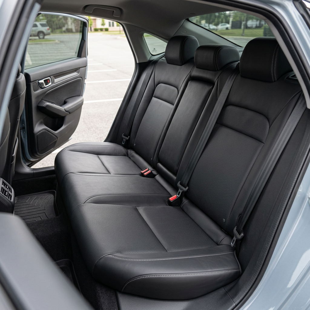 Rear in-cabin view of a 2022–2026 Honda Civic with Leatherteck rear seat upholstery installed in black, featuring perforated combo inserts and Stone contrast stitching, shown from the open rear door with the rear bench seat, three headrests, seatbelts, buckles, rear door panel, rear window, floor mat, and black interior trim visible.